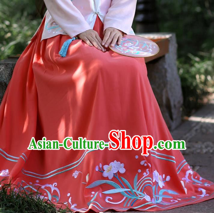 Asian Chinese Ming Dynasty Hanfu Costume Embroidered Red Bust Skirt, Traditional China Ancient Princess Dress Clothing for Women