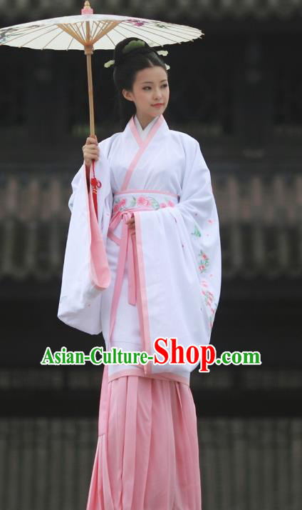 Asian Chinese Song Dynasty Young Lady Costume Hanfu Embroidered Pink Curve Bottom, Traditional China Ancient Princess Dress for Women