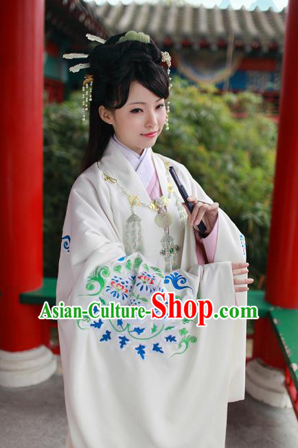 Asian Chinese Tang Dynasty Imperial Princess Costume, Traditional China Ancient Palace Lady Embroidered White Cloak for Women