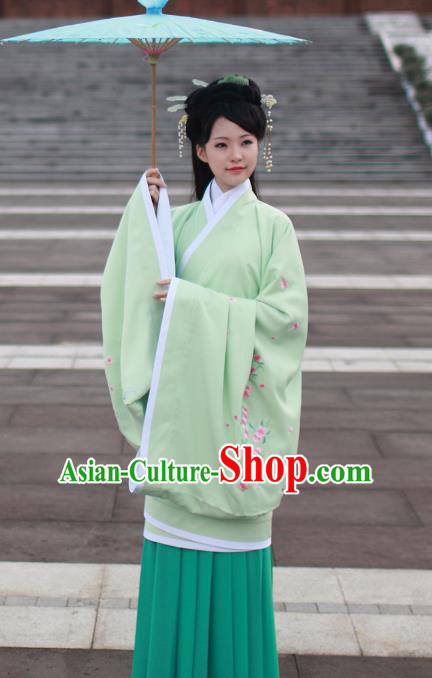 Asian Chinese Han Dynasty Imperial Princess Green Curve Bottom Costume, Traditional China Ancient Palace Lady Embroidered Dress for Women