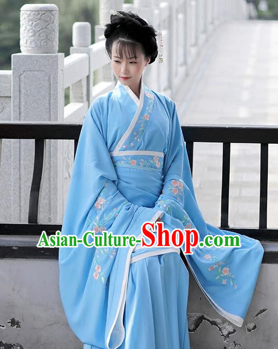 Asian Chinese Han Dynasty Costume Hanfu Embroidery Blue Curve Bottom, Traditional China Ancient Embroidered Dress Clothing for Women
