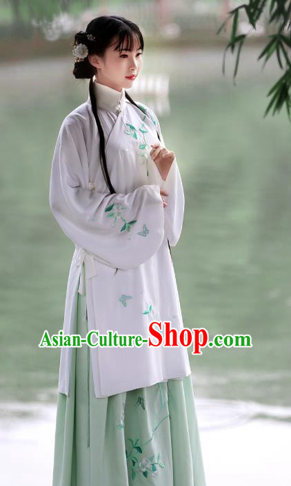 Asian Chinese Ming Dynasty Princess Costume Hanfu Embroidery White Coat, Traditional China Ancient Embroidered Dress Clothing for Women