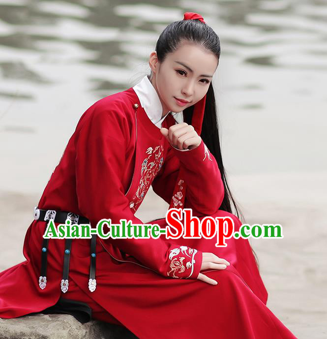 Asian Chinese Ming Dynasty Swordswoman Costume Hanfu Embroidery Red Robe, Traditional China Ancient Embroidered Clothing for Women