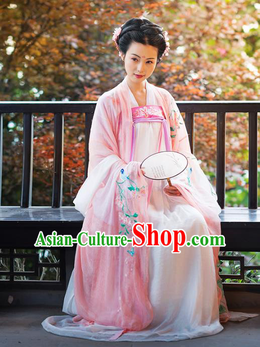 Asian Chinese Tang Dynasty Imperial Concubine Costume Hanfu Pink Embroidery Slip Skirt, Traditional China Ancient Embroidered Dress Clothing for Women