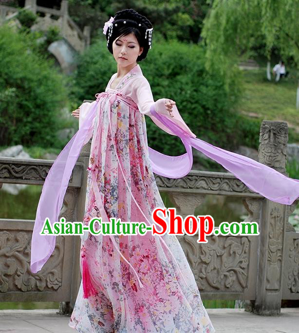 Asian Chinese Tang Dynasty Imperial Concubine Costume, Ancient China Palace Lady Printing Clothing for Women