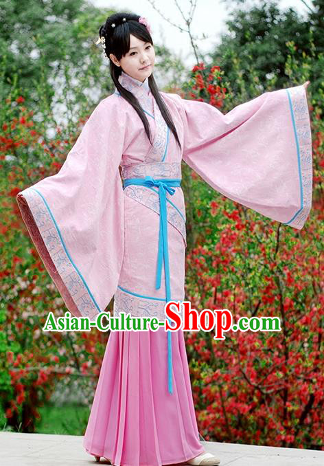 Asian Chinese Han Dynasty Princess Costume Pink Curve Bottom, Ancient China Embroidered Dress Clothing for Women