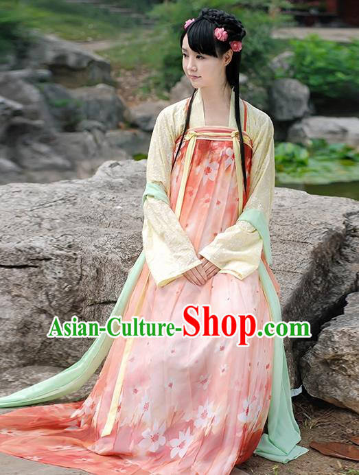 Asian Chinese Tang Dynasty Young Lady Costume, Ancient China Princess Printing Pink Slip Skirt Clothing for Women