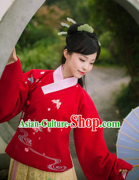 Asian Chinese Ming Dynasty Princess Costume Embroidery Red Blouse, Ancient China Palace Lady Embroidered Upper Outer Garment Clothing for Women