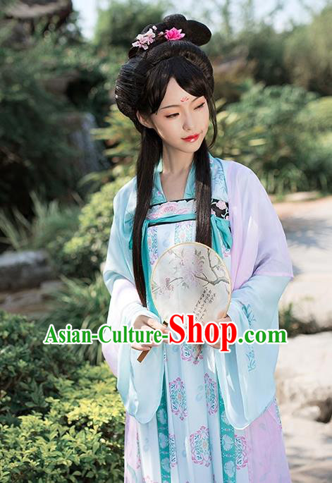 Asian Chinese Tang Dynasty Princess Embroidery Costume Slip Skirt Complete Set, Ancient China Palace Lady Clothing for Women
