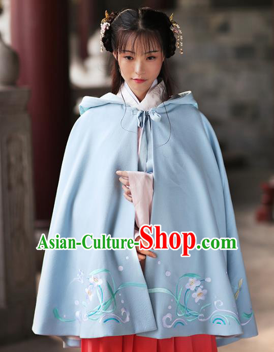Asian Chinese Ming Dynasty Young Lady Blue Embroidered Cloak, Ancient China Princess Hanfu Short Mantle Clothing for Women