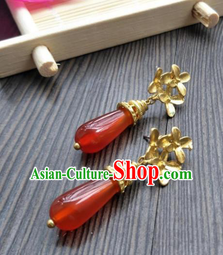 Traditional Handmade Chinese Hanfu Accessories Copper Earrings, China Palace Lady Tassel Red Agate Eardrop for Women