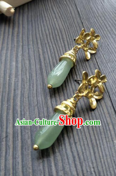 Traditional Handmade Chinese Hanfu Accessories Copper Earrings, China Palace Lady Tassel Green Agate Eardrop for Women