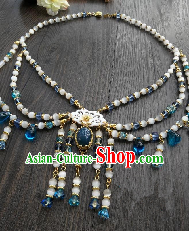 Traditional Handmade Chinese Accessories Blue Beads Necklace, China Palace Lady Hanfu Tassel Necklet for Women