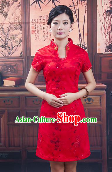 Traditional Ancient Chinese Republic of China Red Wedding Short Cheongsam, Asian Chinese Chirpaur Embroidered Qipao Dress Clothing for Women