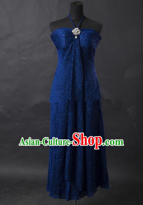 Traditional Chinese Modern Dancing Costume, Women Opening Classic Chorus Singing Group Peacock Blue Full Dress for Women