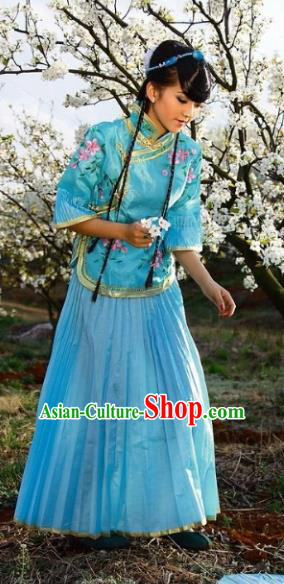 Traditional Ancient Chinese Manchu Nobility Lady Blue Costume, Asian Chinese Qing Dynasty Embroidered Dress Clothing for Women
