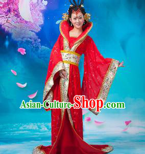 Asian China Ancient Tang Dynasty Imperial Concubine Costume, Traditional Chinese Hanfu Embroidered Red Dress Clothing for Women