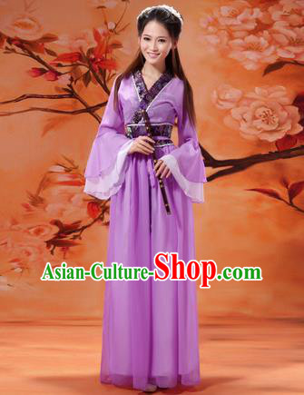 Asian China Ancient Tang Dynasty Imperial Concubine Costume, Traditional Chinese Hanfu Embroidered Purple Fairy Dress Clothing for Women