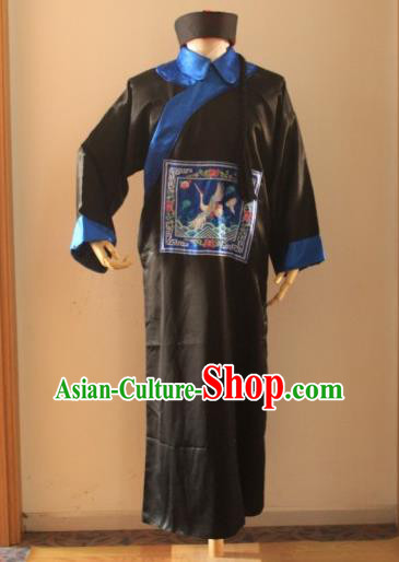 Asian China Ancient Qing Dynasty Royal Highness Costume, Traditional Chinese Manchu Minister Embroidered Black Robe Clothing for Men