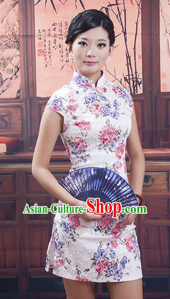 Traditional Chinese National Costume White Qipao Printing Short Cheongsam Dress for Women