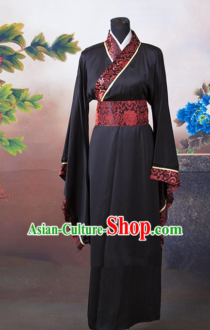 Asian China Ancient Han Dynasty Palace Lady Wedding Costume, Traditional Chinese Hanfu Embroidered Black Curve Bottom Clothing for Women