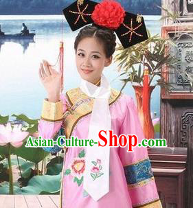 Traditional Ancient Chinese Manchu Palace Lady Costume, Asian Chinese Qing Dynasty Imperial Consort Embroidered Pink Dress Clothing for Women