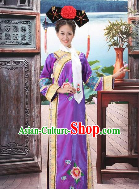 Traditional Ancient Chinese Manchu Palace Lady Purple Costume, Asian Chinese Qing Dynasty Princess Embroidered Dress Clothing for Women