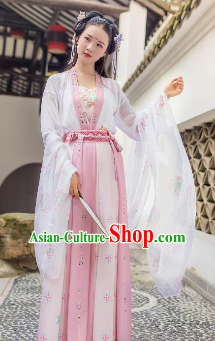 Asian Chinese Tang Dynasty Princess Embroidered Slip Skirt Costume, Ancient China Young Lady Embroidery Clothing Complete Set