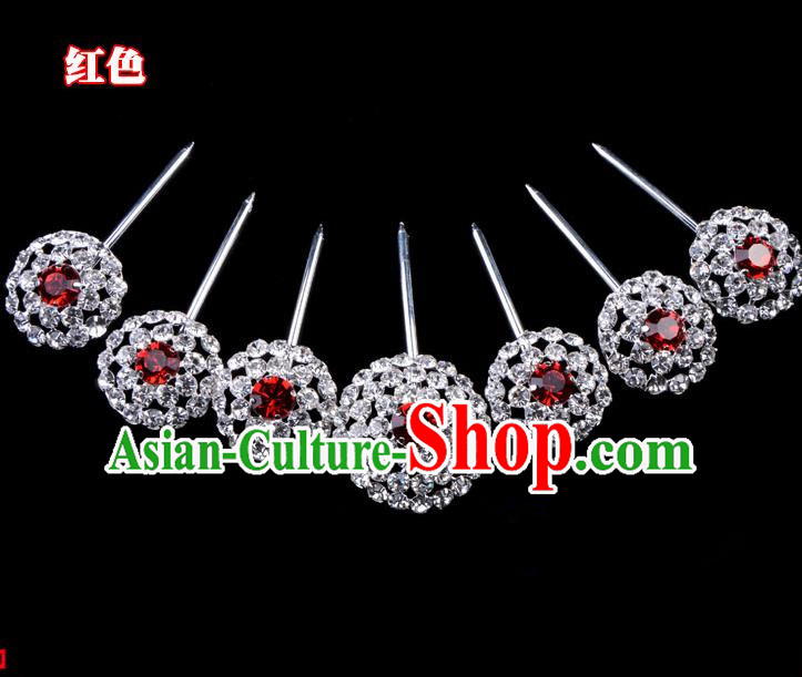 Traditional Beijing Opera Diva Hair Accessories Red Crystal Head Ornaments Complete Set, Ancient Chinese Peking Opera Hua Tan Round Hairpins Hair Stick Headwear