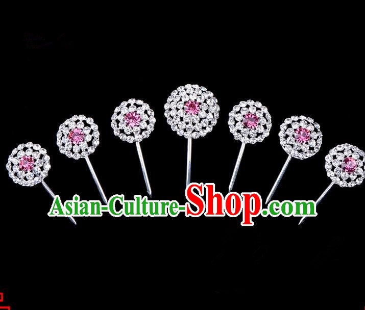 Traditional Beijing Opera Diva Hair Accessories Pink Crystal Head Ornaments Complete Set, Ancient Chinese Peking Opera Hua Tan Round Hairpins Hair Stick Headwear