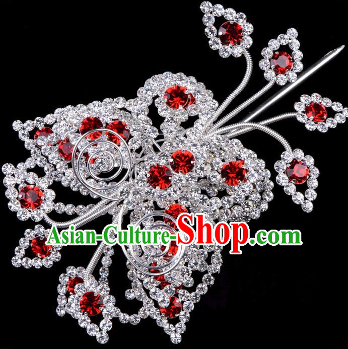 Traditional Beijing Opera Diva Hair Accessories Red Crystal Butterfly Head Ornaments, Ancient Chinese Peking Opera Hua Tan Large Hairpins Hair Stick Headwear