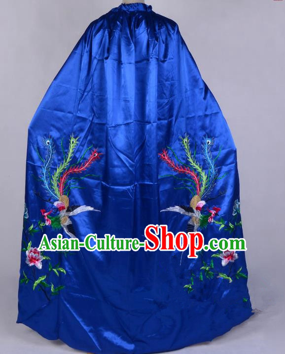 Top Grade Professional Beijing Opera Diva Costume Young Lady Embroidered Royalblue Cloak, Traditional Ancient Chinese Peking Opera Princess Embroidery Phoenix Mantle Clothing