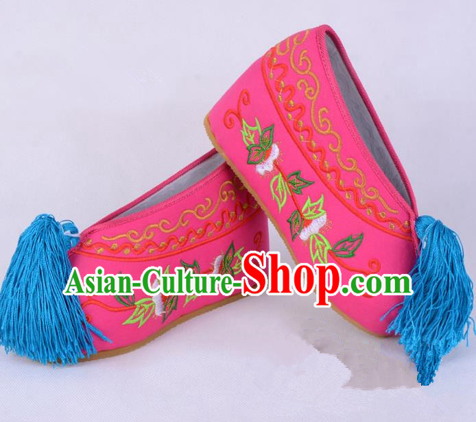 Traditional Beijing Opera Diva Rosy Satin Embroidered Shoes Cloth Shoes, Ancient Chinese Peking Opera Hua Tan Princess Blood Stained Shoes
