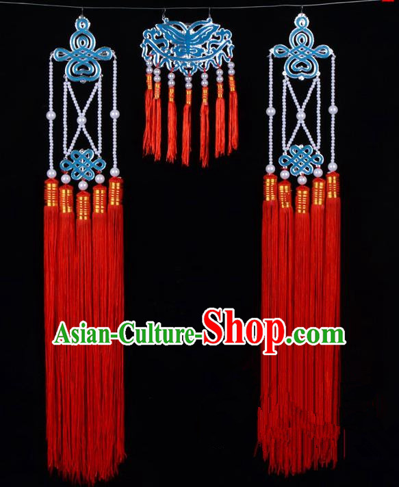 Traditional Beijing Opera Diva Hair Accessories Empress Head Ornaments Temples Curtain Hairpins, Ancient Chinese Peking Opera Hua Tan Red Tassel Headwear
