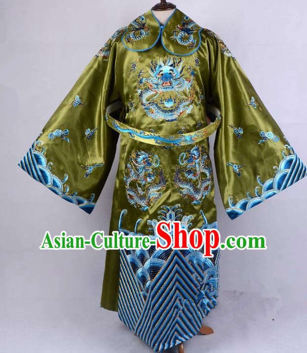 Top Grade Professional Beijing Opera Emperor Costume Royal Highness Olive Green Embroidered Robe and Belts, Traditional Ancient Chinese Peking Opera Embroidery Dragons Clothing