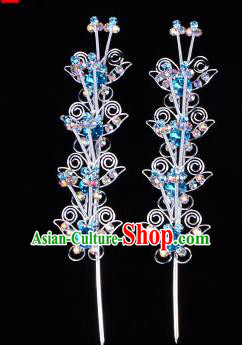 Traditional Beijing Opera Diva Hair Accessories Blue Crystal Butterfly Head Ornaments Hairpins, Ancient Chinese Peking Opera Hua Tan Hair Stick Headwear