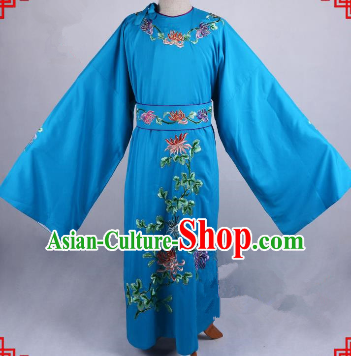Top Grade Professional Beijing Opera Niche Costume Gifted Scholar Blue Embroidered Robe, Traditional Ancient Chinese Peking Opera Embroidery Chrysanthemum Clothing