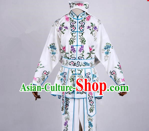 Traditional China Beijing Opera Swordplay Costume, Ancient Chinese Peking Opera Blues Warrior Embroidery White Clothing