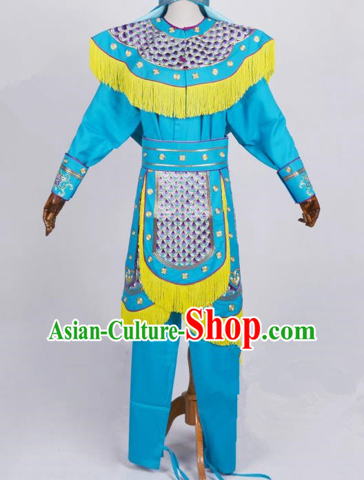 Top Grade Professional Beijing Opera Female Warriors Costume Swordplay Blue Embroidered Dress, Traditional Ancient Chinese Peking Opera Blues Embroidery Clothing