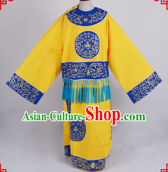 Top Grade Professional Beijing Opera Costume Eunuch Yellow Silk Embroidered Robe, Traditional Ancient Chinese Peking Opera Embroidery Clothing