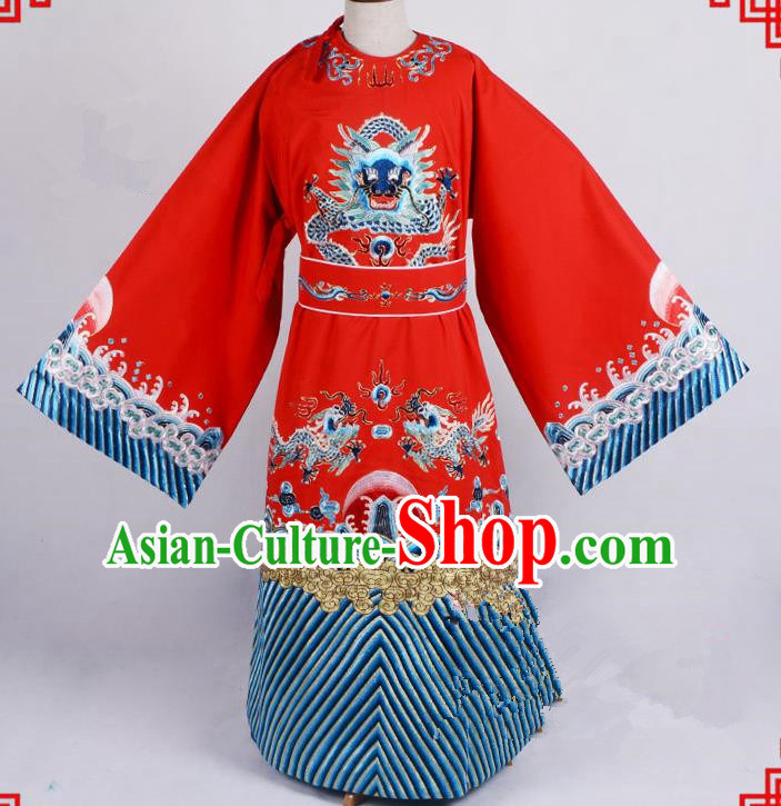 Top Grade Professional Beijing Opera Emperor Costume General Red Silk Embroidered Robe and Belts, Traditional Ancient Chinese Peking Opera Royal Highness Embroidery Dragons Clothing