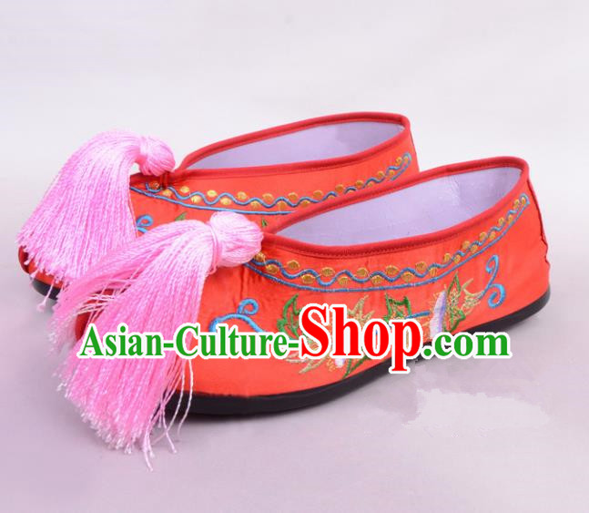 Traditional Beijing Opera Hua Tan Rosy Embroidered Shoes Princess Shoes, Ancient Chinese Peking Opera Diva Blood Stained Shoes