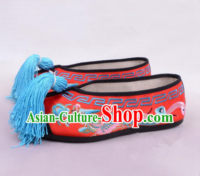 Traditional Beijing Opera Hua Tan Embroidered Shoes Princess Red Shoes, Ancient Chinese Peking Opera Diva Embroidered Phoenix Blood Stained Shoes
