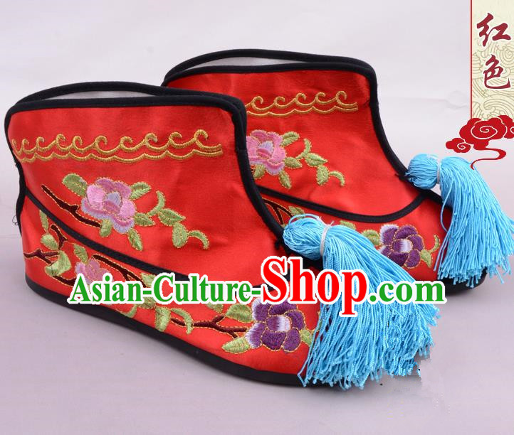 Traditional Beijing Opera Swordplay Embroidered Red Boots Young Lady Shoes, Ancient Chinese Peking Opera Blues Embroidery Peony Shoes