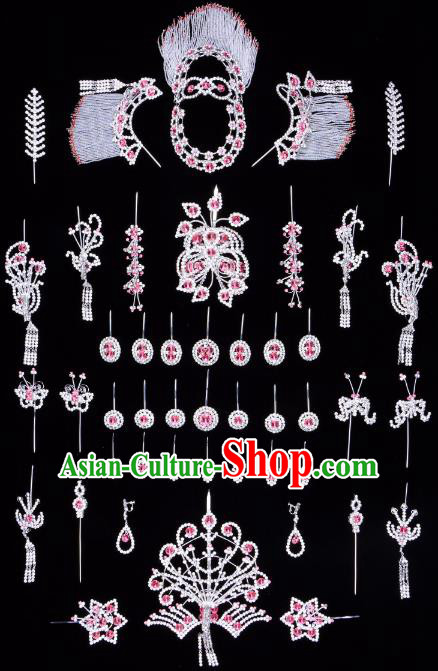 Traditional Beijing Opera Diva Hair Accessories Pink Crystal Butterfly Head Ornaments Complete Set, Ancient Chinese Peking Opera Hua Tan Hairpins Phoenix Step Shake Headwear