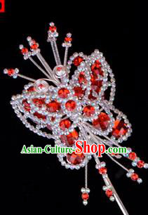 Traditional Beijing Opera Diva Hair Accessories Red Crystal Butterfly Head Ornaments Hairpins, Ancient Chinese Peking Opera Hua Tan Hairpins Headwear