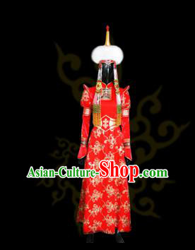 Traditional Chinese Mongol Nationality Costume Female Red Wedding Mongolian Robe, Chinese Mongolian Minority Nationality Princess Embroidery Costume for Women