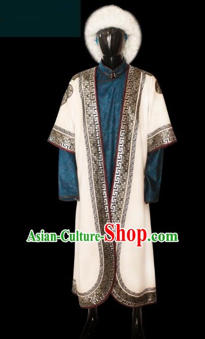 Traditional Chinese Mongol Nationality Dance Costume Mongolian Robe, Chinese Mongolian Minority Nationality Royal King Embroidery Costume for Men