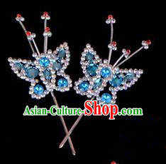 Traditional Beijing Opera Diva Hair Accessories Blue Crystal Head Ornaments Butterfly Hairpin, Ancient Chinese Peking Opera Hua Tan Hairpins Headwear