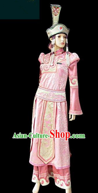 Traditional Chinese Mongol Nationality Dance Costume Princess Pink Dress, Chinese Mongolian Minority Nationality Embroidery Clothing for Women